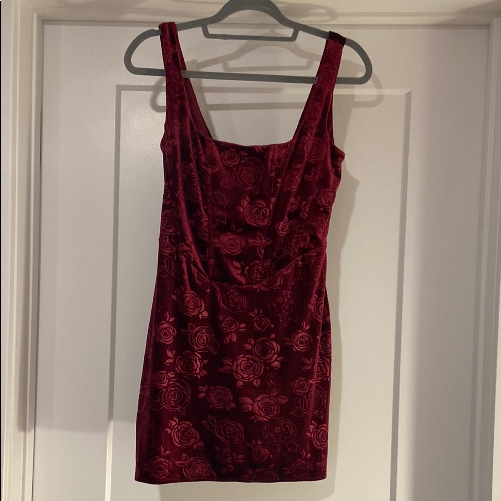 Velvet Burgandy Rose Pattern Mini Dress